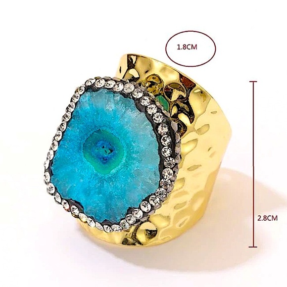 GOLD BLUE AGATE RESIN SOLAR QUARTZ ADJUSTABLE RING - Picture 3 of 3